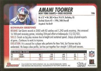 2003 Bowman #106 Amani Toomer Back