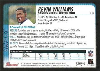 2003 Bowman #118 Kevin Williams Back
