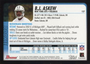 2003 Bowman #127 B.J. Askew Back
