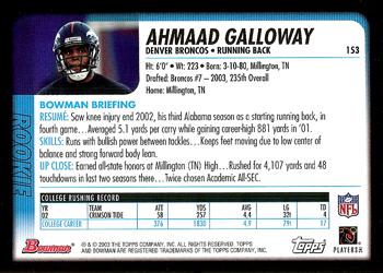 2003 Bowman #153 Ahmaad Galloway Back