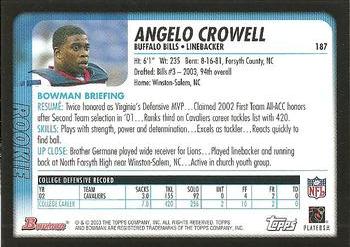 2003 Bowman #187 Angelo Crowell Back