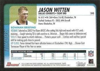 2003 Bowman #243 Jason Witten Back