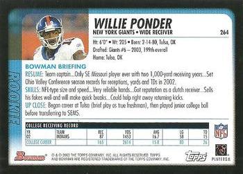 2003 Bowman #264 Willie Ponder Back