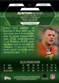 2003 Finest #63 Juston Wood Back