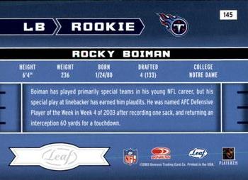 2003 Leaf Rookies & Stars #145 Rocky Boiman Back