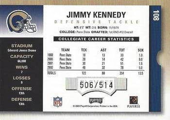 2003 Playoff Contenders #108 Jimmy Kennedy Back