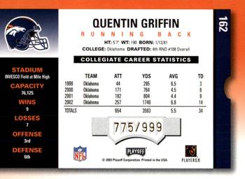 2003 Playoff Contenders #162 Quentin Griffin Back