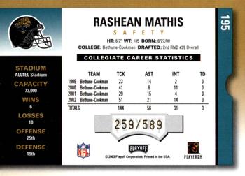 2003 Playoff Contenders #195 Rashean Mathis Back