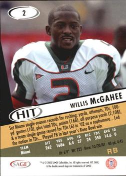 2003 SAGE HIT #2 Willis McGahee Back