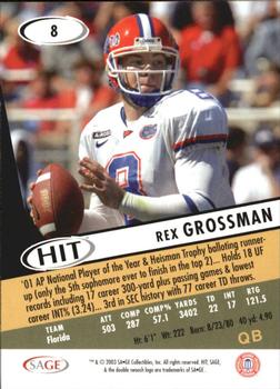 2003 SAGE HIT #8 Rex Grossman Back