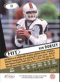 2003 SAGE HIT #11 Ken Dorsey Back