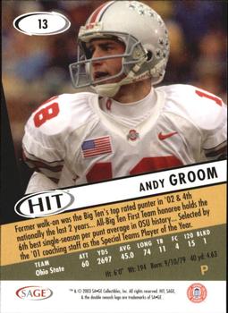 2003 SAGE HIT #13 Andy Groom Back
