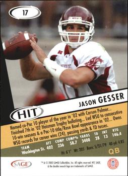 2003 SAGE HIT #17 Jason Gesser Back