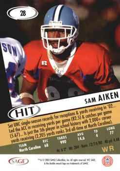 2003 SAGE HIT #28 Sam Aiken Back