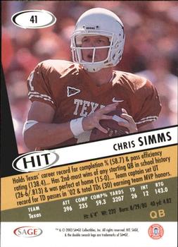 2003 SAGE HIT #41 Chris Simms Back