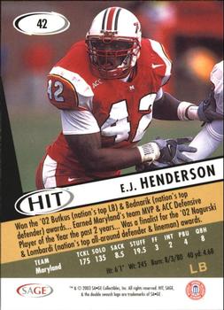 2003 SAGE HIT #42 E.J. Henderson Back