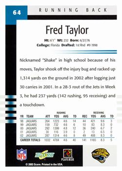 2003 Score #64 Fred Taylor Back