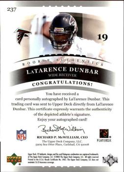 2003 SP Authentic #237 LaTarence Dunbar Back