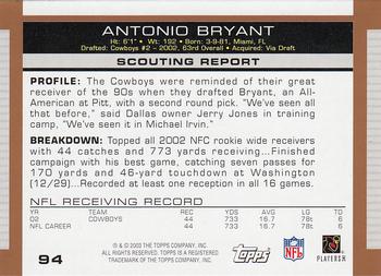 2003 Topps Draft Picks & Prospects #94 Antonio Bryant Back