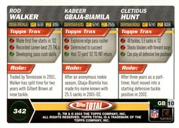 2003 Topps Total #342 Cletidus Hunt / Kabeer Gbaja-Biamila / Rod Walker Back