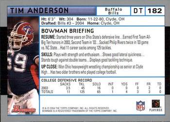 2004 Bowman #182 Tim Anderson Back