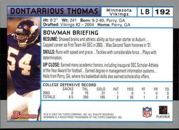 2004 Bowman #192 Dontarrious Thomas Back