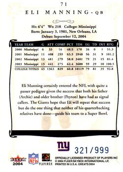 2004 Fleer Greats of the Game #71 Eli Manning Back
