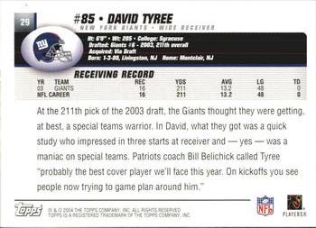 2004 Topps #29 David Tyree Back