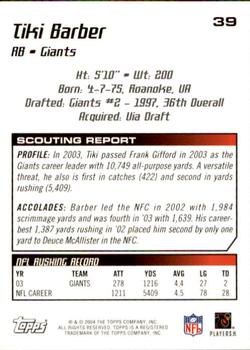 2004 Topps Draft Picks & Prospects #39 Tiki Barber Back