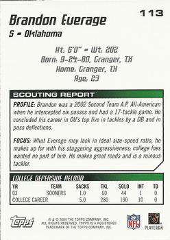 2004 Topps Draft Picks & Prospects #113 Brandon Everage Back