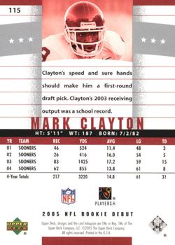 2005 Upper Deck Rookie Debut #115 Mark Clayton Back