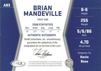 2009 SAGE HIT - Autographs Silver #A83 Brian Mandeville Back
