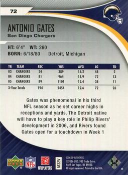2006 SP Authentic #72 Antonio Gates Back