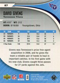 2006 SP Authentic #87 David Givens Back