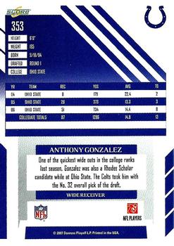 2007 Score #353 Anthony Gonzalez Back