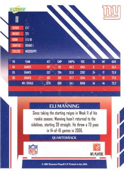 2007 Score Select #11 Eli Manning Back