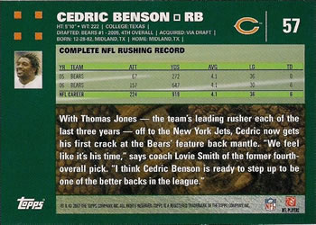 2007 Topps #57 Cedric Benson Back