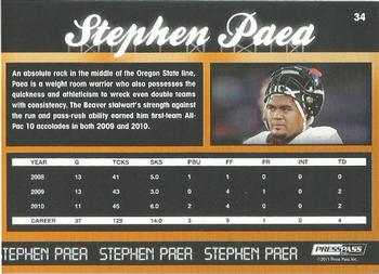 2011 Press Pass #34 Stephen Paea Back