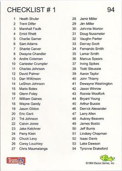 1994 Classic NFL Draft - Gold #94 Checklist No. 1: 1-54 Back
