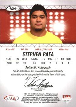2011 SAGE HIT - Autographs #A24 Stephen Paea Back