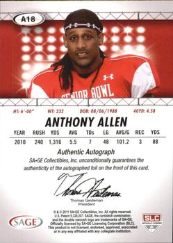 2011 SAGE HIT - Autographs Silver #A18 Anthony Allen Back