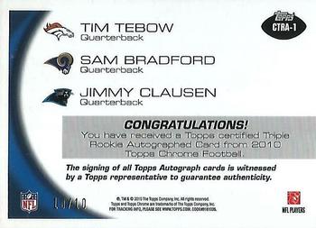 2010 Topps Chrome - Triple Rookie Autographs #CTRA-1 Tim Tebow / Sam Bradford / Jimmy Clausen  Back
