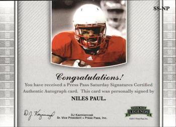 2011 Press Pass Legends - Saturday Signatures #SS-NP Niles Paul Back