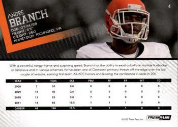 2012 Press Pass #4 Andre Branch Back