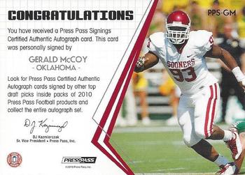 2010 Press Pass - Press Pass Signings Autographs Bronze #PPS-GM Gerald McCoy  Back