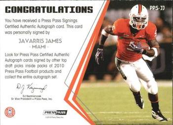 2010 Press Pass - Press Pass Signings Autographs Bronze #PPS-JJ Javarris James  Back