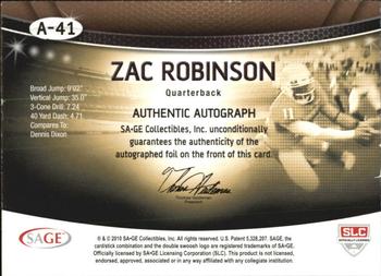 2010 SAGE - Autographs Gold #A-41 Zac Robinson  Back
