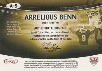 2010 SAGE - Autographs Platinum #A-5 Arrelious Benn  Back
