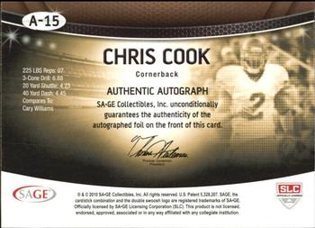 2010 SAGE - Autographs Platinum #A-15 Chris Cook  Back