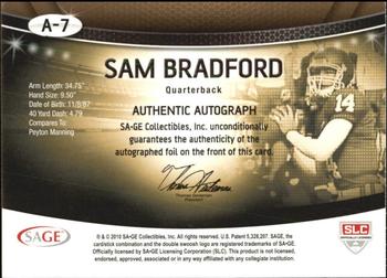 2010 SAGE - Autographs Red #A-7 Sam Bradford Back